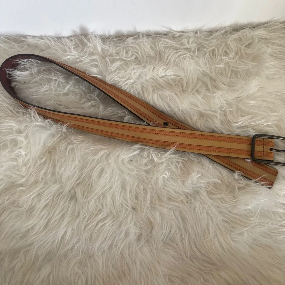 Linea‎ Pelle 230800 Tan Brown Striped Leather Belt Size 34 Antique Brass Buckle